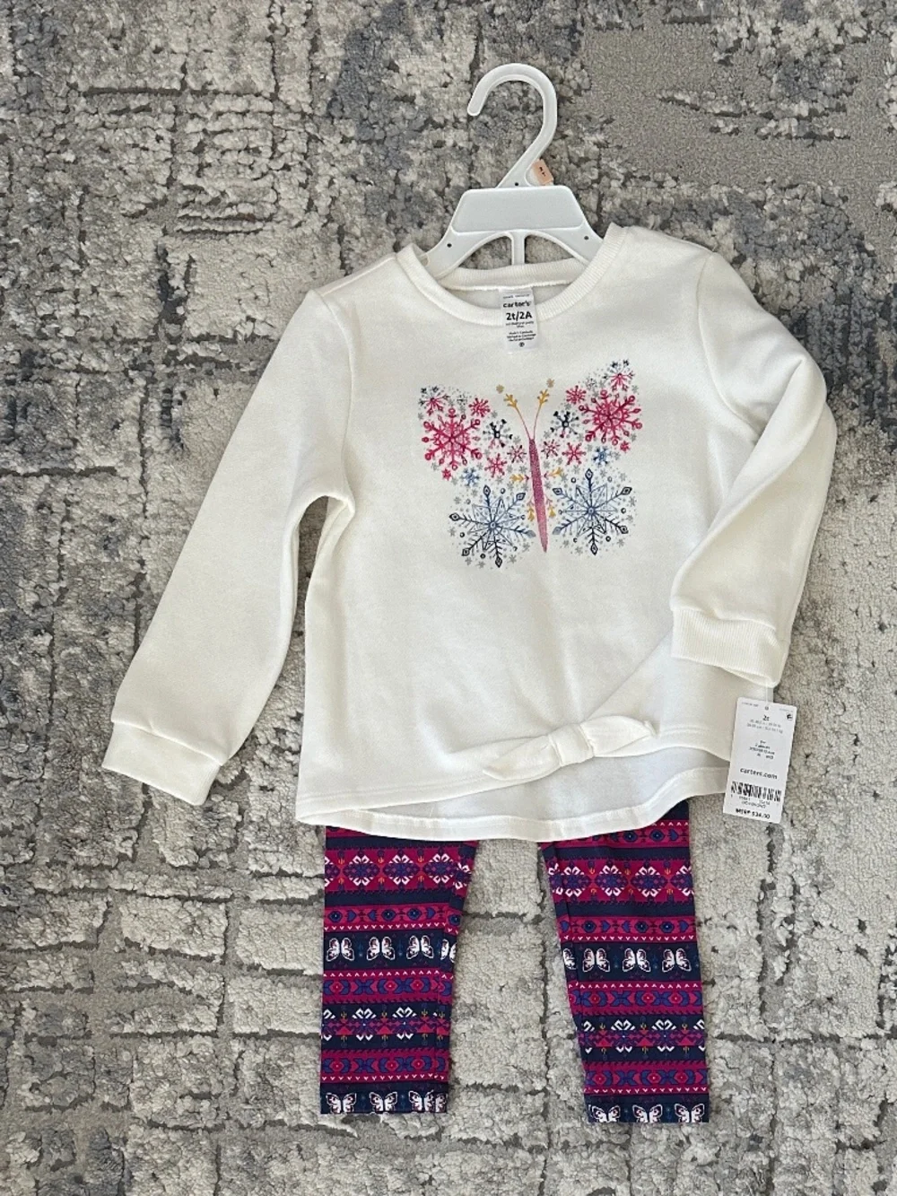 NWT Carter’s Girls' White long sleeve Butterfly Top & Patterned Leggings Set 2T